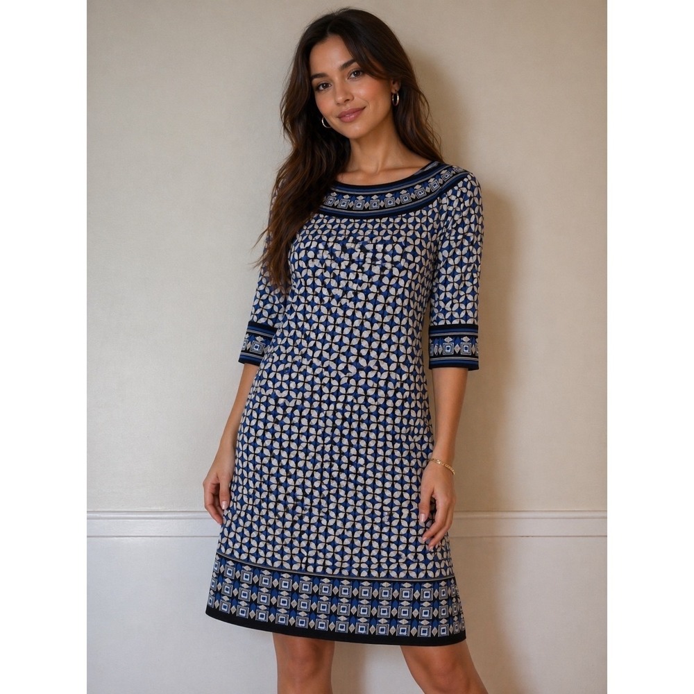 Max Studio Dress Womens Large Blue Geometric‎ Shift Stretch Jersey Workwear